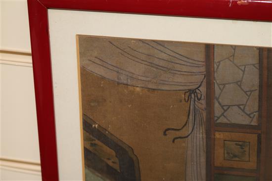 Chinese School, pair of watercolours on silk, Interior scenes, 36 x 32cm